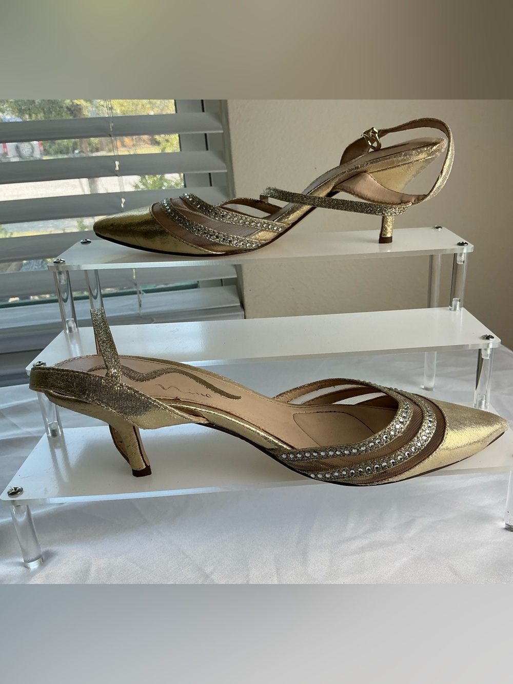 Nina Gold Rhinestone Slingback Kitten Heel Pointed Toe Pumps